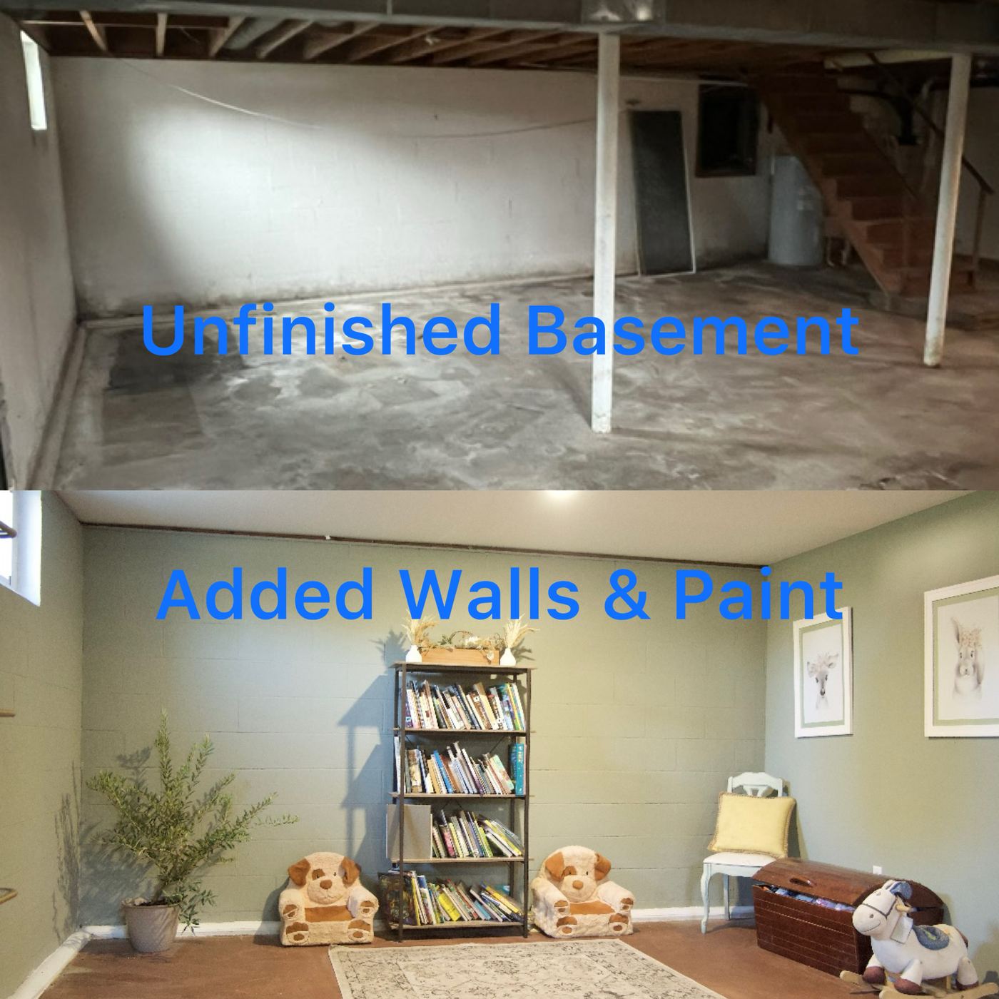 Basement repaint before and after